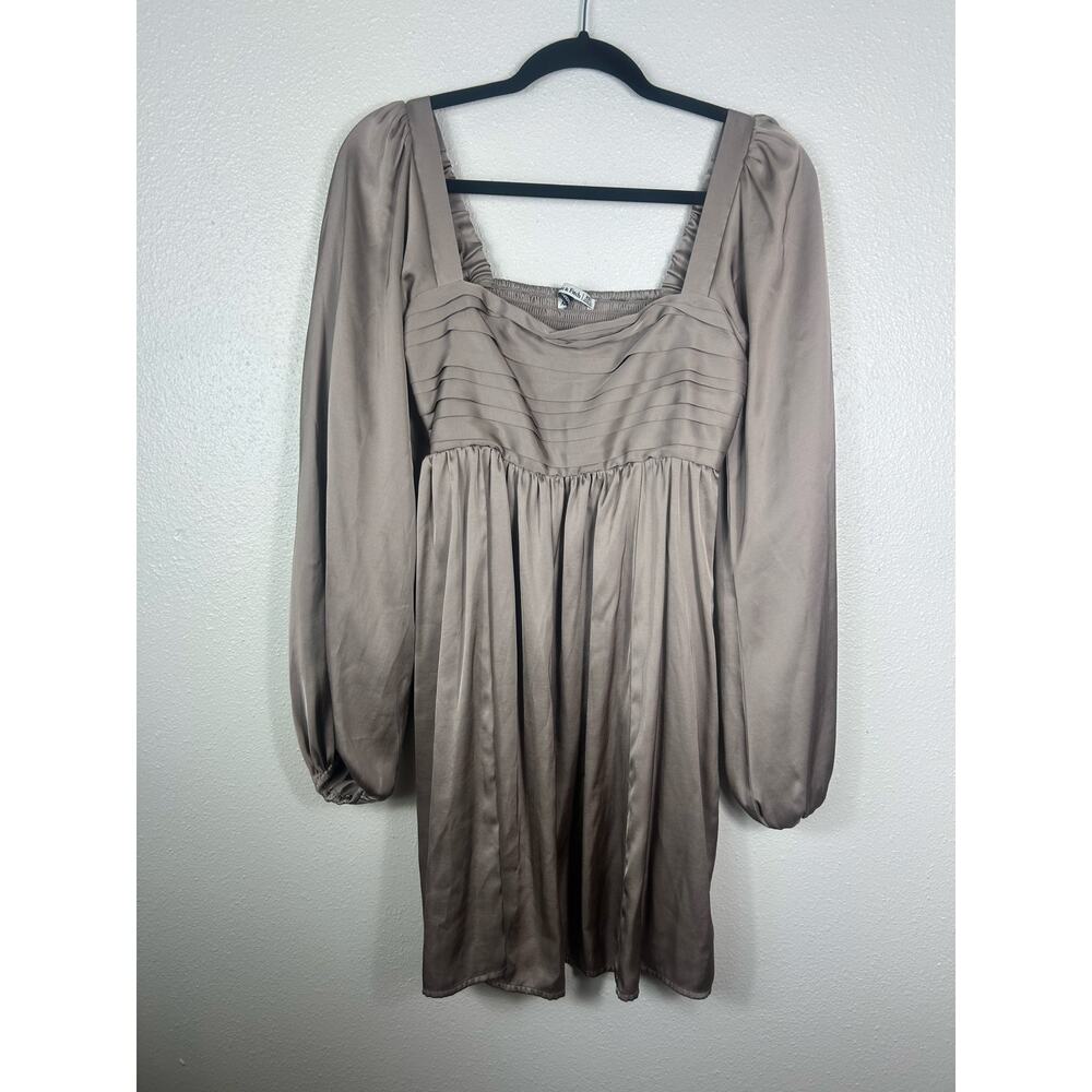 Abercrombie & Fitch Emerson Satin Long Sleeve Mini Dress Taupe XST Minimalist - Picture 4 of 10